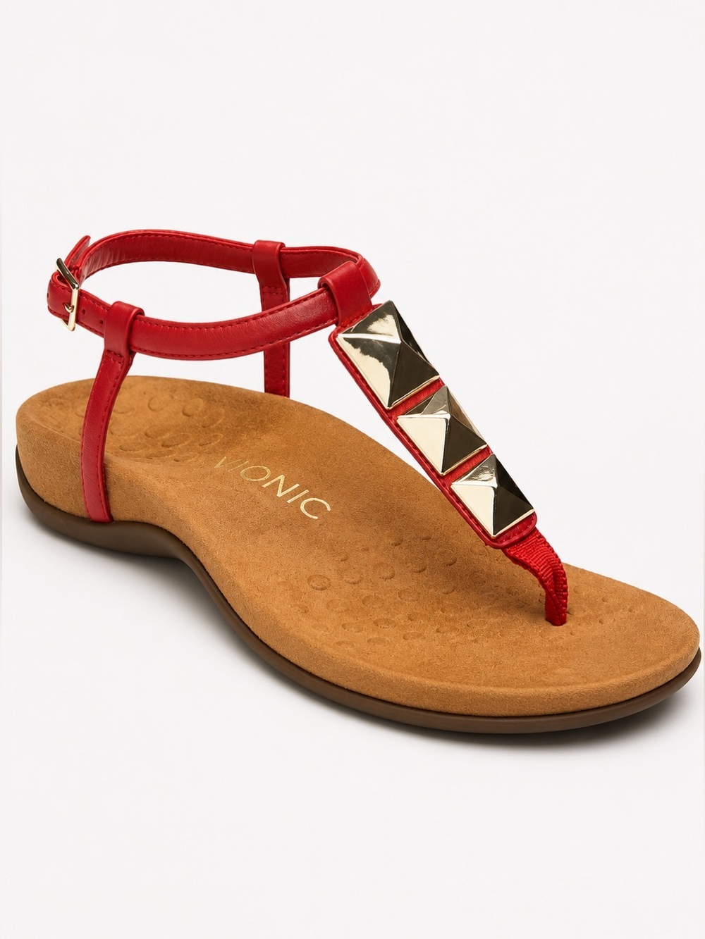 Vionic Rest Nala Red T-Strap Sandals with Gold Pyramid Studs Women’s Size 9